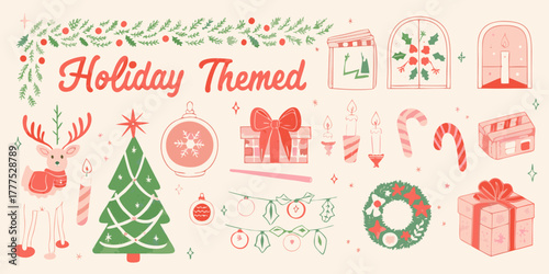 Collection of charming holiday themed illustrations featuring christmas tree reindeer gifts and festive decorations