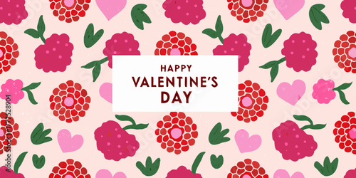 Happy valentines day greeting card with cute pink and red floral and heart pattern