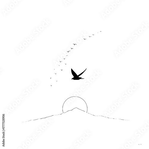 Silhouette of a bird flying over a mountain range with a rising sun and a flock of birds above it