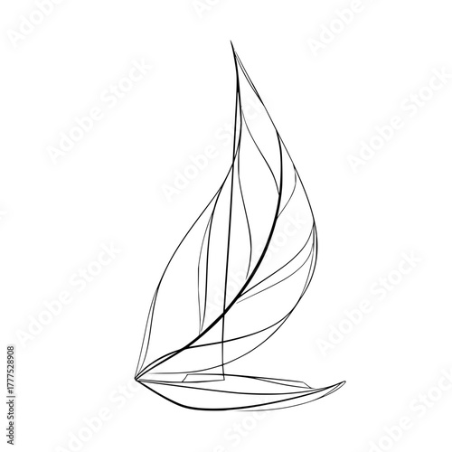 Minimalist line art drawing of a stylized leaf with visible veins on a white background in black ink style