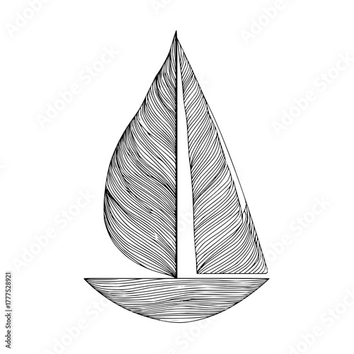 Stylized drawing of a sailboat with detailed line work and a white background in a simple illustration