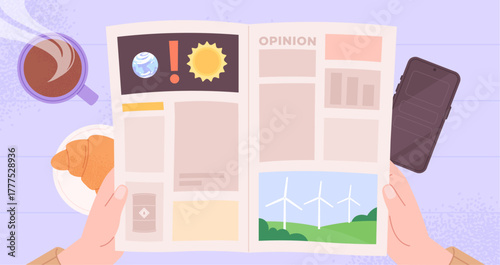 Morning news reading. Person drink coffee, eating croissant and rean newspaper. Breakfast, daily routine illustration. Breaking news, find information, vector background