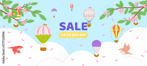 Sale banner template with hot air balloons in clouds, birds, blooming branches with flowers and petals. Discount poster for web site, ad vector template