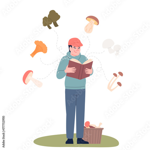 Study of mushrooms. Man examining mushroom in book, young fungus hunter. Comparison and verification of forest gifts according to textbook, recent vector scene