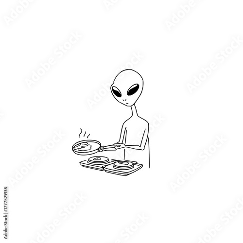 Alien cooking pancakes on a stovetop with a frying pan in a black and white line drawing illustration