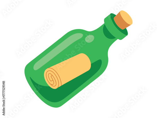 A rolled-up message is visible inside a green glass bottle with a cork.