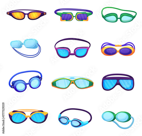 Cartoon pool goggles. Swimming glasses for children and adults. Summer swim accessories for diving, underwater explorations equipment, nowaday vector set