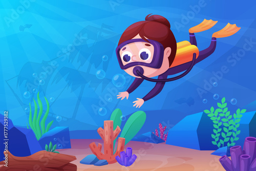 Child diver. Scuba girl in suit swimming underwater, diving in ocean. Exploration of deep sea, child adventures on vacations, nowaday vector scene