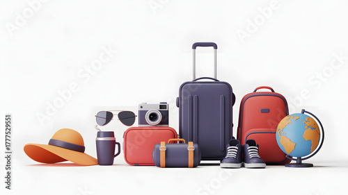 Holiday travel essentials 3D scene of suitcase backpack hat camera globe and shoes
