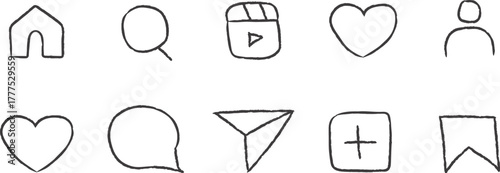 Foto Hand drawn social media icons collection for design collection of simple, hand-drawn icons representing common social media functions like home, search, heart, and profile