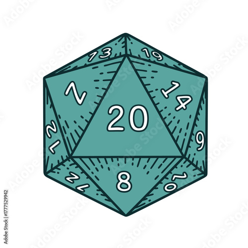 A twenty-sided die rests on a flat surface, ready for a game.