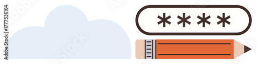 Cloud shape, password field with asterisks, and pencil representing secured storage, data entry, and privacy. Ideal for security, privacy, technology, password management cloud storage data access