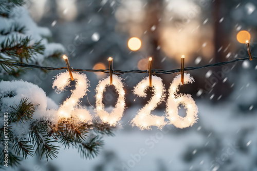 A stylized and creative image for PF 2026 Christmas: a snowy landscape at twilight with the numbers 