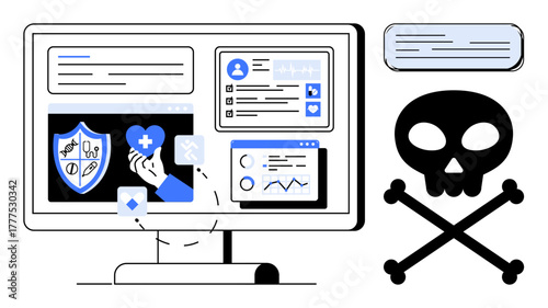 Computer screen showing healthcare apps with a skull and crossbones signifying security threats. Ideal for healthcare, technology, cybersecurity, data breach, online health, risk management, simple