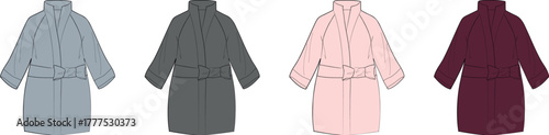 Fashion illustration set of a classic women's belted trench coat shown in four different color options for apparel design