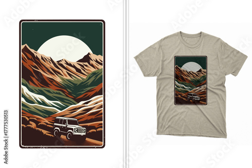 vector illustration of a mountain off roading t-shirt design print