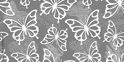 White openwork butterflies on a gray background with grunge butterfly silhouettes. Endless texture with abstract cute insect. Vector seamless pattern for wrapping paper, cover, surface texture, print