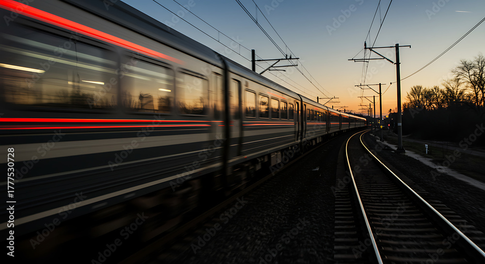 Naklejka premium Long exposure captures a modern train speeding along tracks at dusk, vibrant light trails illuminating its rapid journey through the serene evening landscape