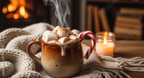 Cozy Winter Warmth: Steaming Hot Chocolate with Marshmallows and Candy Cane by a Fireplace