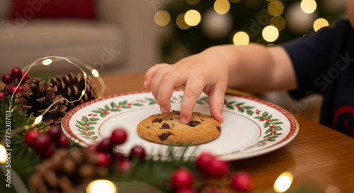 Little hand reaching for a Christmas cookie on a festive plate with bokeh lights and decorations