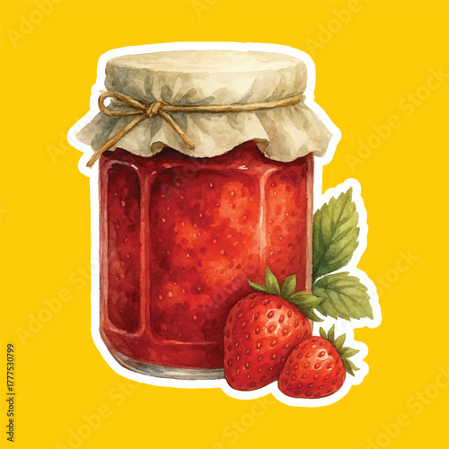 Delicious strawberry jam jar with ripe strawberries, perfect for breakfast or dessert. The jar is beautifully presented, showcasing the vibrant red jam inside.