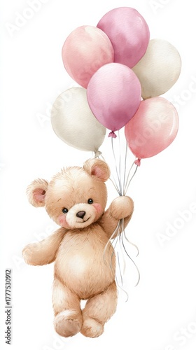 Teddy Bear's Dream of Flight: A charming teddy bear soars through the air, buoyed by a cluster of pastel-colored balloons.