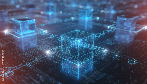 Blockchain and financial technology network, decentralized data structure, glowing cube chains, futuristic economy concept.