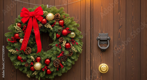 Festive Christmas Wreath with Red Bow, Ornaments and Pinecones Hanging on a Rustic Wooden Door