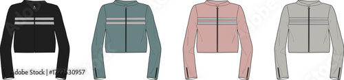 Four Stylish Jacket Designs in Various Colors, Perfect for Fashion and Apparel Projects