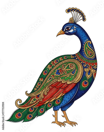 Traditional Indian Folk Art of a Peacock with Intricate Decorative Plumage and Vibrant Colors