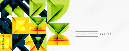 Abstract geometric shapes, vibrant colors, modern design. Yellow, green, black elements create dynamic composition. Clean white space balances visual impact.