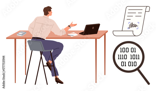 Man sitting at desk analyzing data, reviewing a signed document. Magnifying glass revealing binary code. Ideal for data analysis, digital security, research, compliance, technology, business
