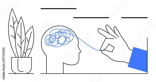 Hand untangling blue thread inside human head, symbolizing stress relief or clarity. Ideal for mental health, therapy, solutions, mindfulness, focus, creativity, psychology in a simple flat metaphor