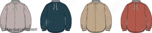 Fashion design technical flat sketch set of men's long sleeve shirts in four color variations for apparel collection concept