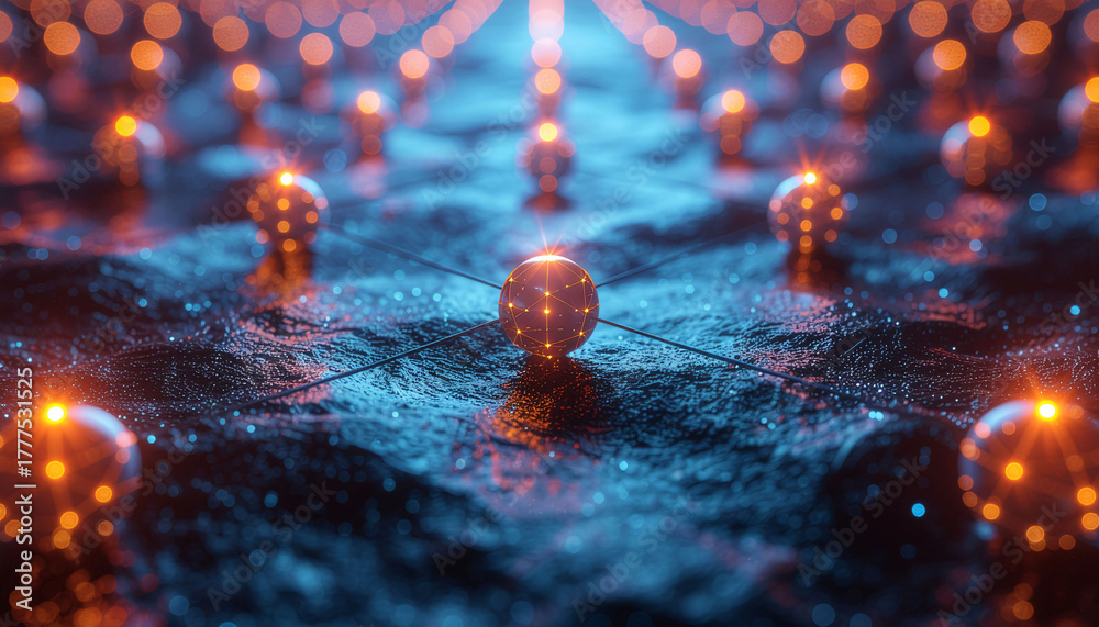 Fototapeta premium Dynamic digital network connecting glowing spheres with vibrant energy pulses, representing futuristic data flow and complex systems
