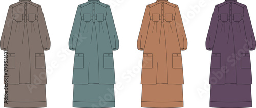 Collection of four modest, long-sleeved dresses in varying earth tones, each featuring a structured collar and dual chest pockets