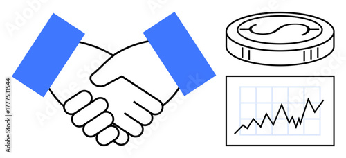 Handshake symbolizing partnership, coin indicating monetary value, and graph depicting financial growth. Ideal for partnership, investment, collaboration, business, finance strategy success. Simple