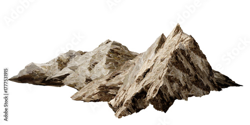 isolated on white/Rocky mountain range with sharp peaks and rugged terrain, natural landscape background isolated on white.