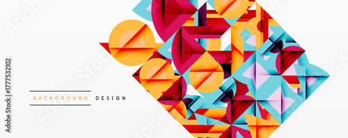 Abstract geometric shapes create vibrant design. Orange, red, turquoise colors dominate composition. Modern background texture.