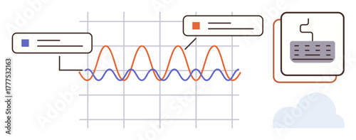 Waveform graph showcasing data patterns, speech bubbles indicating comments or messages, and a keyboard representing interactivity. Ideal for analytics, technology, communication, collaboration, user