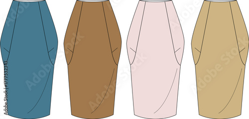 Versatile collection of women's skirts in various neutral and pastel shades, featuring practical side pockets, presented as flat vector illustrations suitable for fashion design and apparel concepts