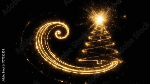 Sparkling Golden Christmas Tree Light Spirals on Black