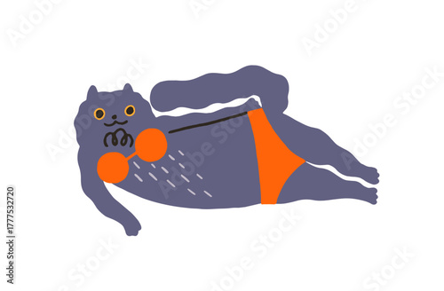 Cute silly cat in red bikini is lying in sexy pose. Adorable kitty in seductive underwear. Funny kitten in swimsuit relaxes. Comic pet, animal in swimwear. Flat isolated vector illustration on white