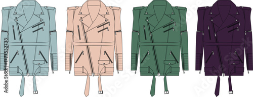 Modern moto-style jacket illustration featuring asymmetrical zippers and belt details in diverse color options, perfect for contemporary fashion and outerwear design concepts