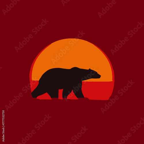Minimalist graphic illustration of a bear silhouette walking against a vibrant orange and red sunset or sunrise sky.