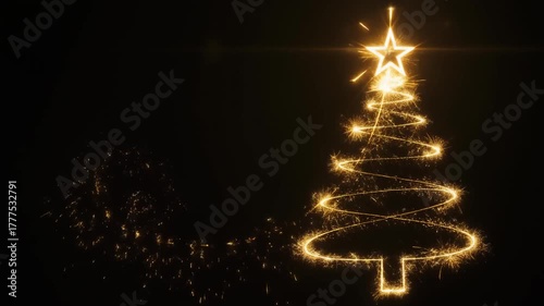 Dynamic Golden Sparkler Christmas Tree Animation with Twirling Lights