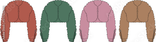 Set of four cropped cardigans in different colors rust, forest green, rose pink, and light brown, designed for women's fashion