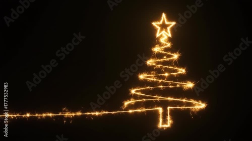 Sparkling Golden Christmas Tree Light Trails on Dark Background