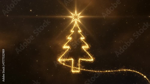 Golden Sparkle Christmas Tree Drawing Animation with Starry Background