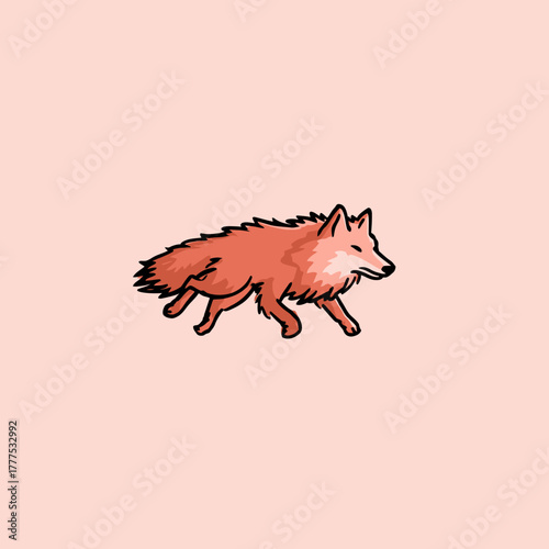 Cute Red Fox Illustration Walking. Stylized Cartoon Wild Animal Design Element on Pastel Pink Background. Simple Vector Icon Art.